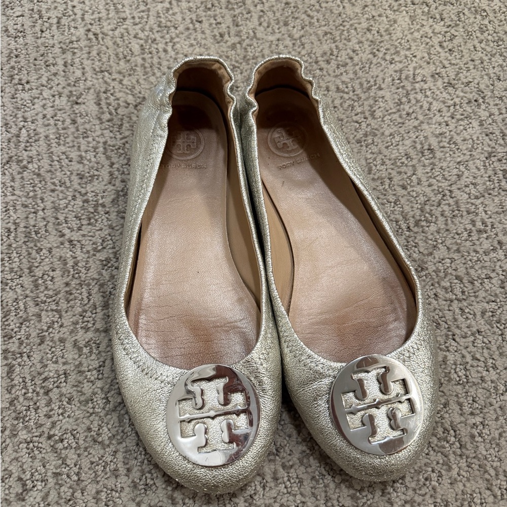 Tory Burch Metallic Silver Flats